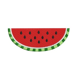 May include: A red watermelon slice with black seeds and a green rind. The watermelon is cut into a wedge shape and has a white inner layer.