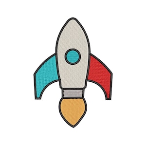 May include: A cartoon rocket ship with a grey body, blue and red wings, and an orange flame. The rocket has a black outline and a blue circle in the centre.