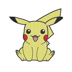 May include: A yellow cartoon character with a lightning bolt tail, black eyes, and red cheeks. The character is sitting with its legs crossed and has a big smile.
