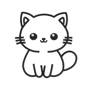 Pode incluir: Um desenho de linha preto e branco de um gato de desenho animado com olhos grandes e um nariz pequeno. O gato está sentado com o rabo enrolado em torno de suas pernas.