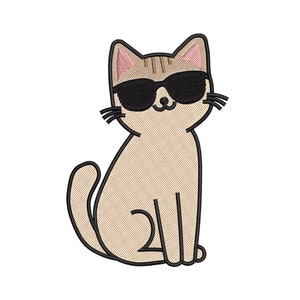 May include: A cartoon illustration of a beige cat wearing black sunglasses. The cat is sitting with its tail curled around its legs.