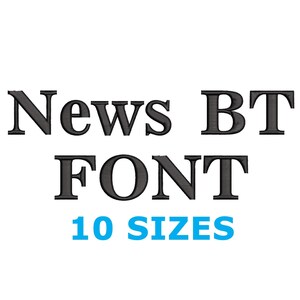 Pode incluir: Texto preto e branco em um fundo branco que lê "News BT FONT 10 SIZES".