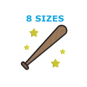 May include: A brown baseball bat with a black outline, surrounded by five yellow stars. The text "8 SIZES" is above the bat.