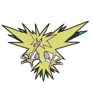 May include: An embroidered patch featuring a cartoon bird with a beak and sharp claws. The bird is yellow and black with a lightning bolt design on its wings and tail.