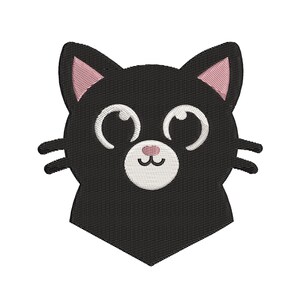 May include: Black cat with pink ears and big eyes. The cat is looking up with a happy expression.