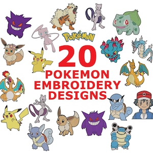 Może przedstawiać: Zbiór 20 wzorów haftu Pokemonów z różnymi postaciami z popularnego anime. Wzory obejmują Pikachua, Charmandera, Bulbasaura, Squirtle'a i wiele innych.
