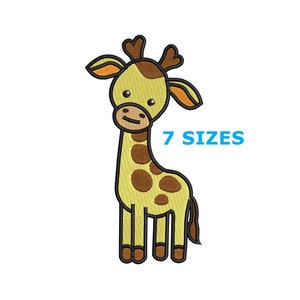 May include: A cartoon giraffe with brown spots and a yellow body. The giraffe is standing on a white background. 7 SIZES.