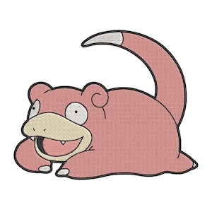 May include: A pink and beige cartoon character with a wide smile and large eyes. The character is lying on its belly with its tail curled up behind it.