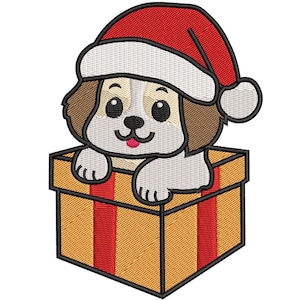 Embroidery Design Christmas Dog, Christmas Embroidery Design, Dog WIth Santa Hat Embroidery Machine File, Patch FIles, Digital / 7 Sizes