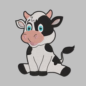 May include: A cartoon illustration of a black and white cow sitting with its legs crossed. The cow has a pink nose and blue eyes.