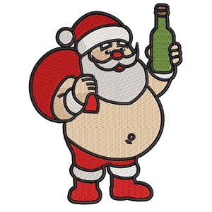 May include: A cartoon illustration of Santa Claus wearing a red and white suit, holding a green bottle and a red bag. He has a white beard and a jolly expression.