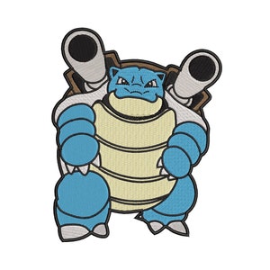 May include: An embroidered patch featuring a cartoon turtle with a shell and two cannons on its back, in blue and brown colours.