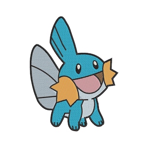 May include: A blue and orange cartoon character with a large fin on its back and a wide open mouth. The character is smiling and has large, round eyes.