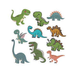 Può includere: Una collezione di nove dinosauri di cartoni animati in vari colori, tra cui verde, blu, arancione e marrone. I dinosauri sono tutti rivolti in avanti e hanno pose diverse, come in piedi, camminando e seduti.