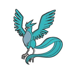 May include: A blue and gray embroidered patch of a mythical bird with a long tail and outstretched wings.