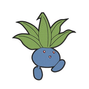 May include: A blue and green cartoon character with a large green head of leaves and a smiling face.