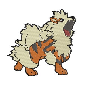 May include: A cartoon illustration of a brown, orange, and black Pokemon character with a white fluffy mane and tail. The Pokemon is roaring with its mouth open.