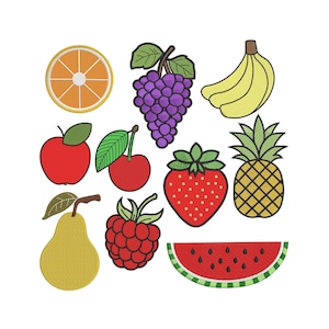 Pode incluir: Um conjunto de nove desenhos de bordado de frutas coloridas, incluindo uma maçã vermelha, uma pêra verde, uma cereja vermelha, um morango vermelho, uma framboesa vermelha, um cacho de uvas roxas, uma banana amarela, um abacaxi amarelo e uma melancia vermelha.