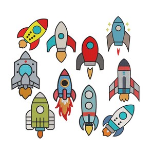 Könnte beinhalten: Eine Sammlung farbenfroher Raketen-Designs. Jede Rakete hat einzigartige Farbschemata, darunter Rot, Gelb, Blau und Grün, mit detaillierten Stickelementen. Die Raketen werden mit Flammen und verschiedenen Designmerkmalen dargestellt.