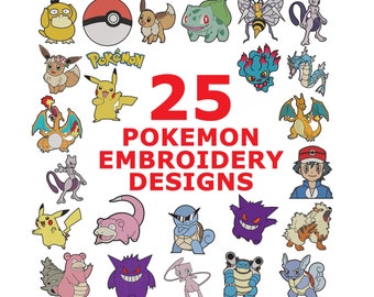 25種類のポケモン刺繍デザイン マシンファイルカスタマイズ、ベストセラーバンドル、ピカチュウ、リザードン、パッチファイル、刺繍ファイル/4サイズ