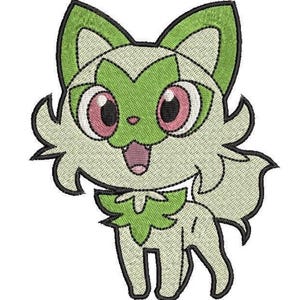 May include: Embroidered design of a cartoon cat with green and white fur, large pink eyes, and an open mouth. The cat has a green leaf-like pattern on its chest and ears, with black outlines. The design is on a white background.