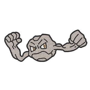 May include: A gray cartoon character with a rock-like head and large arms flexed, with a brown angry expression on its face.