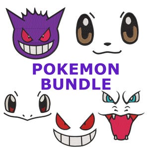 以下が含まれることがあります： 白い背景に、紫色の「Pokemon Bundle」の文字と、様々なポケモンのキャラクターの刺繍された顔が描かれています。顔には紫色のゲンガー、茶色の目の白い顔、赤と青のアクセントなどがあります。