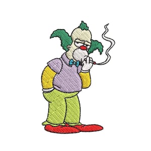 Puede incluir: Un payaso de dibujos animados con el pelo verde y una camisa morada está fumando un cigarrillo. El payaso tiene una nariz roja y una pajarita azul.