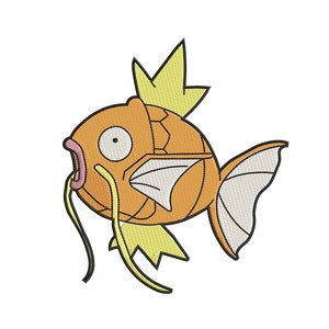 May include: An orange and yellow cartoon fish with a large eye and a long, thin, yellow tail. The fish has a fin on its back and a fin on each side.