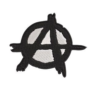 May include: Black and white embroidered anarchy symbol patch. The symbol is a circle with an 'A' inside.