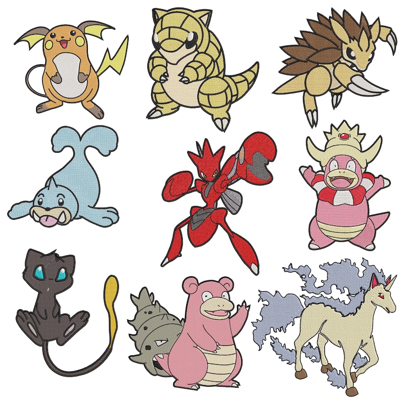 以下が含まれることがあります： ピカチュウ、ゼニガメ、ヒトカゲなど、9体のカラフルなポケモンの漫画キャラクターのセット。キャラクターはすべて異なるポーズと表情で、白い背景に描かれています。