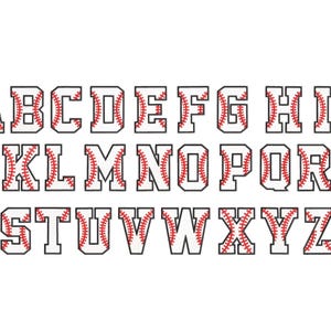Könnte beinhalten: Baseball-Alphabetbuchstaben in Schwarz mit roten Nähten. Die Buchstaben sind in Großbuchstaben und in alphabetischer Reihenfolge angeordnet.