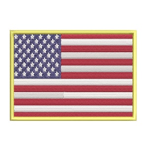 May include: A yellow-bordered embroidered patch featuring the American flag. The flag is red, white, and blue with 13 horizontal stripes and 50 white stars on a blue field.