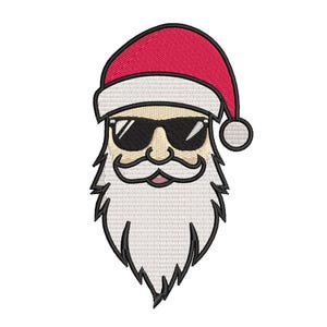 May include: A cartoon illustration of Santa Claus wearing sunglasses and a red Santa hat with a white trim. He has a white beard and mustache.