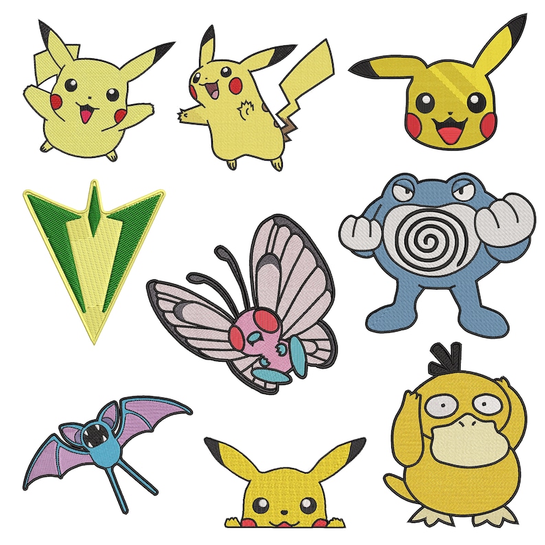 以下が含まれることがあります： ピカチュウ、バタフリー、緑色の矢印など、さまざまなポケモンのキャラクターが描かれた、9つの刺繍入りアイロン接着パッチのセット。パッチは黄色、青、緑、ピンク、白です。