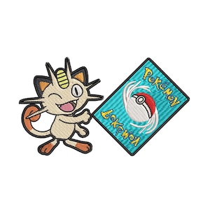 May include: Two embroidered patches featuring a tan cat-like character with brown accents and a rectangular blue card with a red and white ball graphic and the yellow text Pokémon written twice in a stylized font.