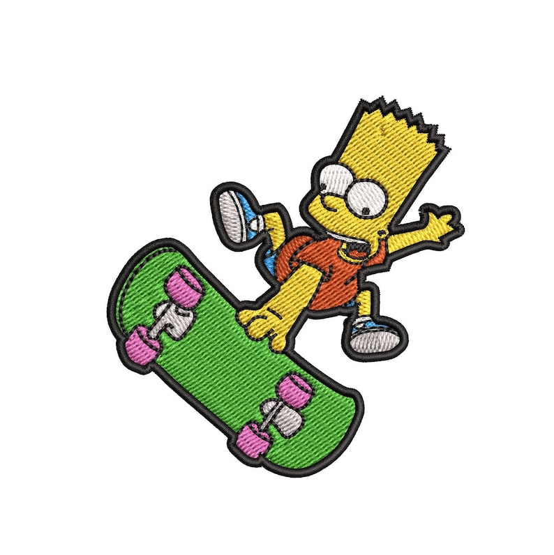 May include: A yellow cartoon character with spiky hair is skateboarding. The character is wearing a red shirt and blue shorts. The skateboard is green with pink wheels.
