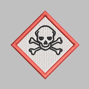Può includere: Un cartello di avvertimento rosso a forma di rombo con un simbolo di teschio e ossa incrociate in bianco e nero.