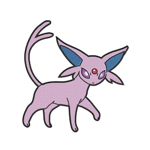 Op de afbeelding: Een roze en blauw Pokémon-personage met één rood oog en paarse pupillen. Het personage heeft een lange, puntige staart en grote oren.