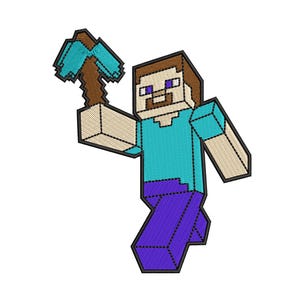 Puede incluir: Personaje de Minecraft Steve bordado, en un estilo pixelado. Steve se representa con una camisa turquesa, pantalones morados y una cabeza marrón, sosteniendo un pico azul y marrón. El diseño está sobre un fondo blanco.
