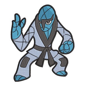 May include: Embroidered patch featuring a stylized, blue and gray figure in a martial arts stance. The figure wears a blue gi with a black belt and accents. The design has a geometric pattern and is set against a white background.