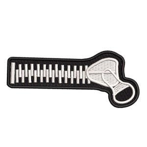 Può includere: Toppa ricamata con un design a cerniera nera con denti bianchi e un tirante bianco. La toppa ha un bordo nero, adatta per abbigliamento o accessori.