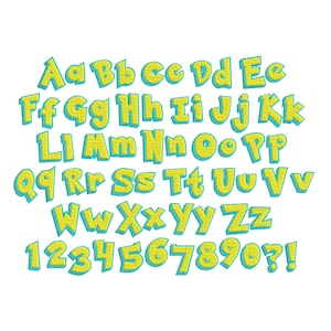 Puede incluir: Un alfabeto amarillo con contornos azules y un conjunto de números amarillos con contornos azules. Las letras y los números están en una fuente de estilo de dibujos animados.