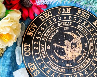Fairy on the Moon Pendulum Board for answers, witchcraft divination tools for spirit, altar decor, black divination board