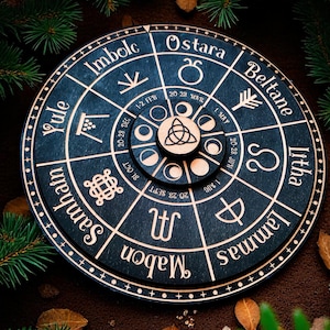 Wheel of the Year Triple Layer | Pagan Sabbat Calendar | Wiccan Seasonal Altar Decor | Rotating Wooden Wheel | Celtic Witchcraft Gift