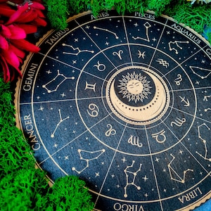 Zodiac Wheel Board for magic ritual, Astrology Guide, functional zodiac wheel, crystal grid and wood altar tile, Astrological home decor
