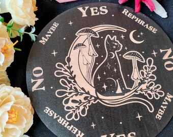 Pendulum Board with mushrooms and cat for answers, witchcraft divination tools for spirit, altar decor, black divination board, 2 gift card