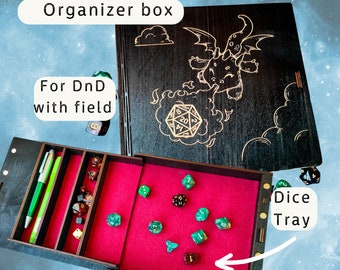 Scatola per dadi personalizzata con vassoio per lanciare dadi per DnD "Dragon", scatola da gioco Dungeon e Dragons in legno con incisione personalizzata, gioco di ruolo da tavolo