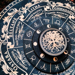 Wheel of the Year with Zodiac & Tree of Life – Rotating Pagan Sabbat Calendar – Wiccan Wooden Altar Decor – Celtic Pagan Gift