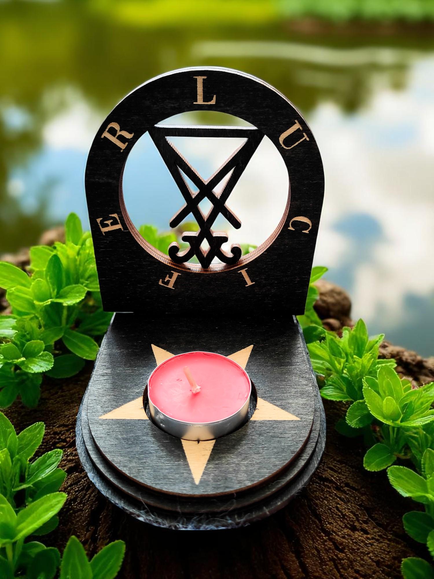 Lucifer Sigil Shadow Altar – Wooden Foldable Candle Shrine for Inner Power and Transformation